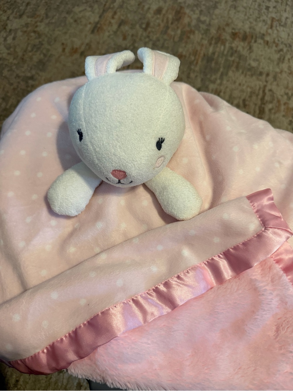 Cloud Island Bunny Rabbit Lovey Security Blanket Pink Polka Dot Satin 29" RARE